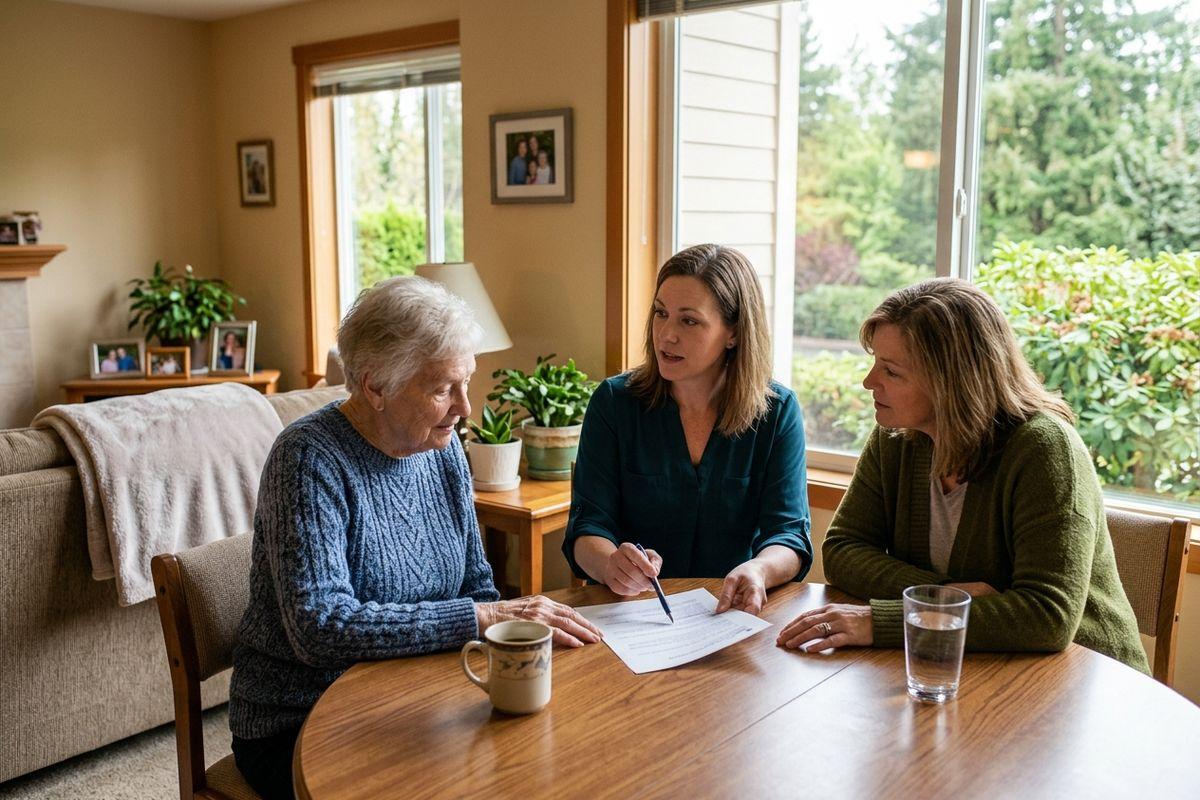 Three adults at a table reviewing a document, one pointing with a pen, an older adult looking at the paper.