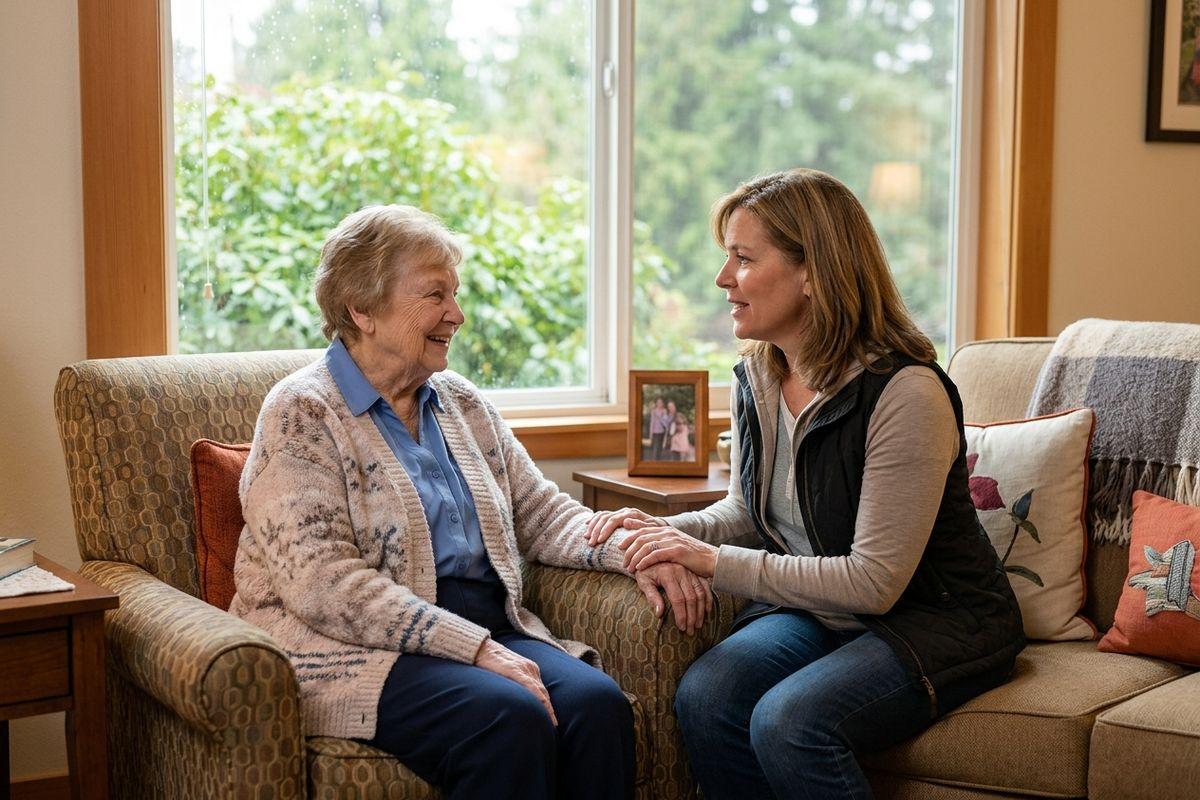 Younger adult holds hands with smiling elderly person seated in an armchair, talking near a sunlit window in a living room.