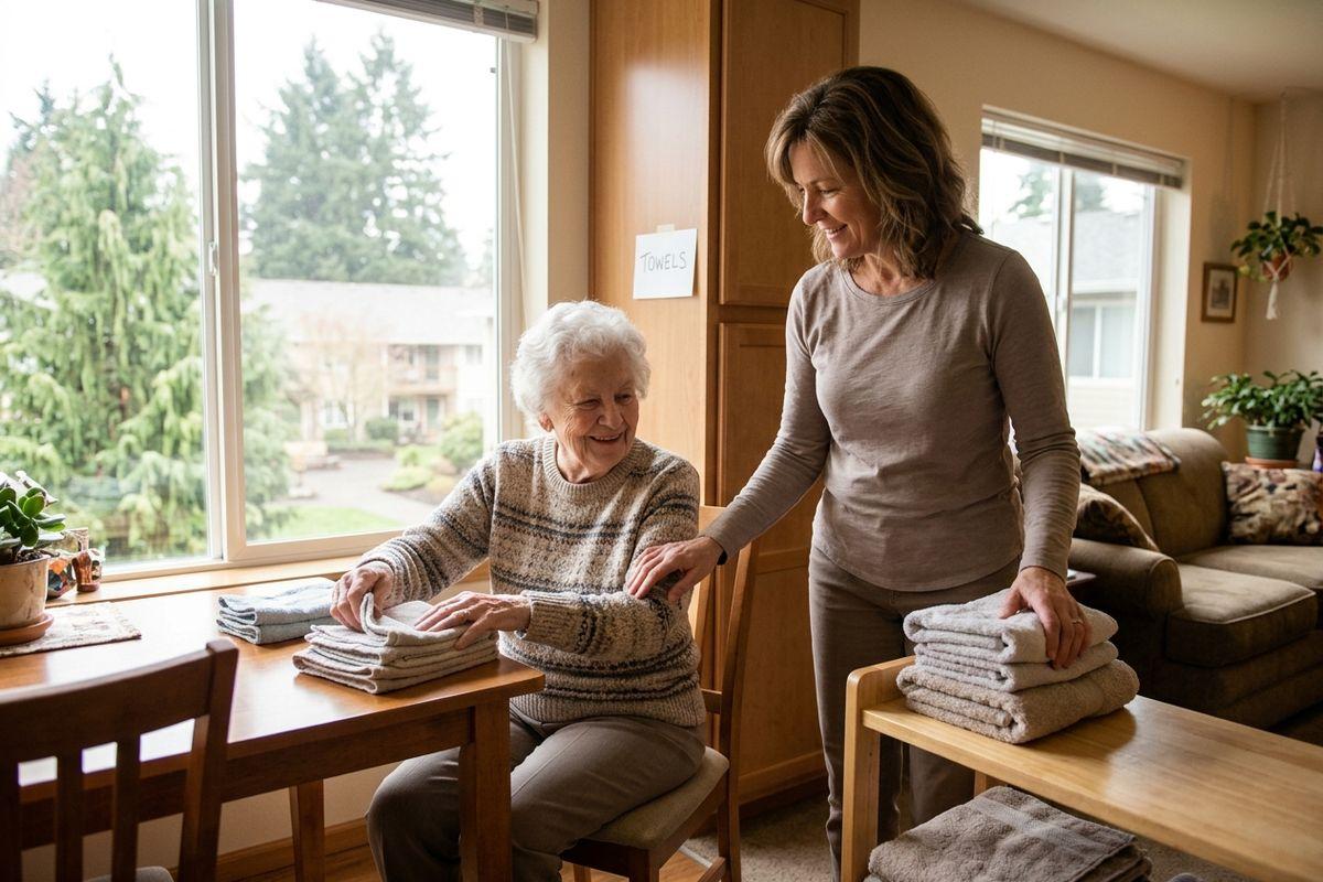A caregiver assists a smiling older adult folding towels at a table by a window in a home living room.