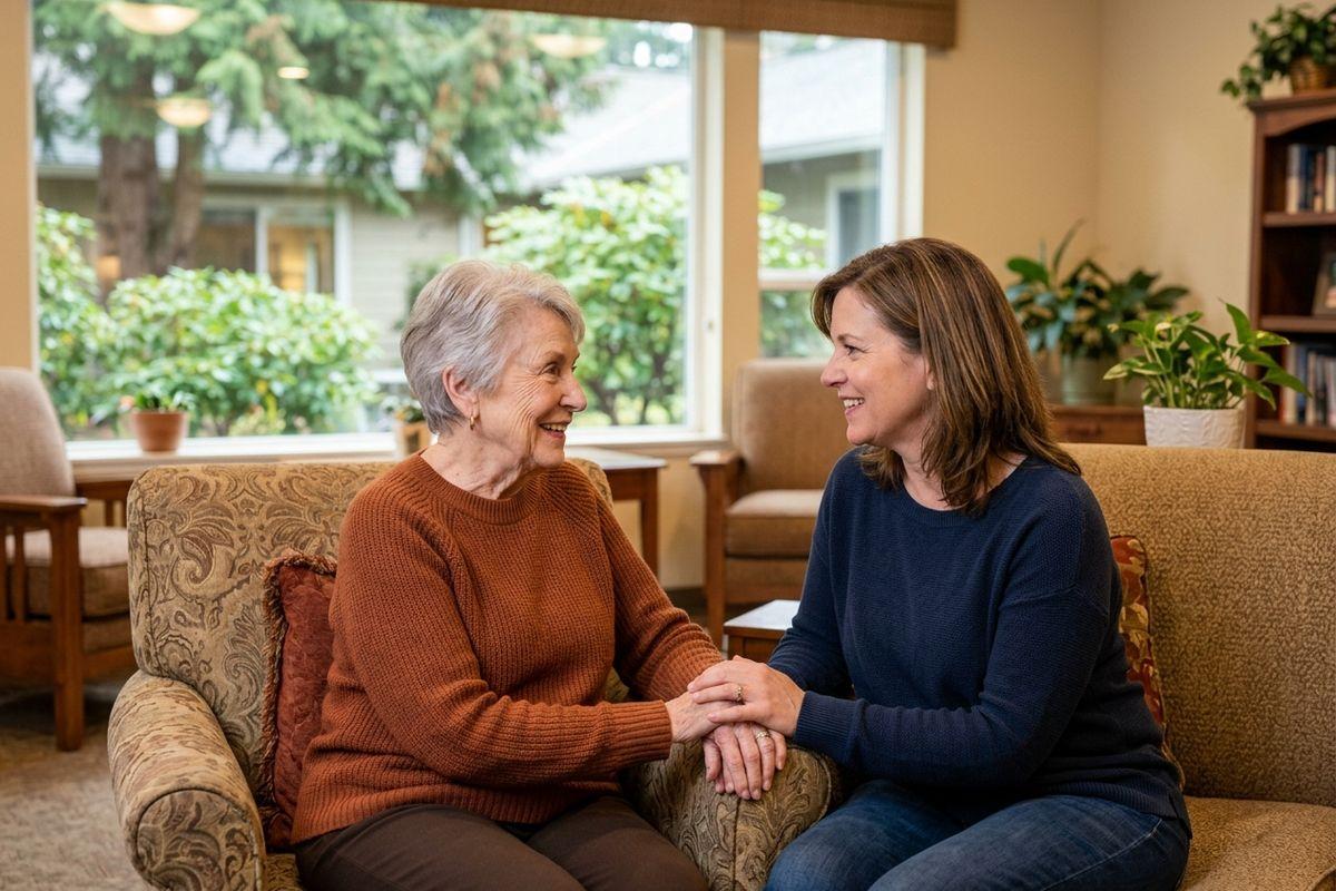 Older adult and younger adult sit together on a sofa, holding hands and smiling at each other in a living room.