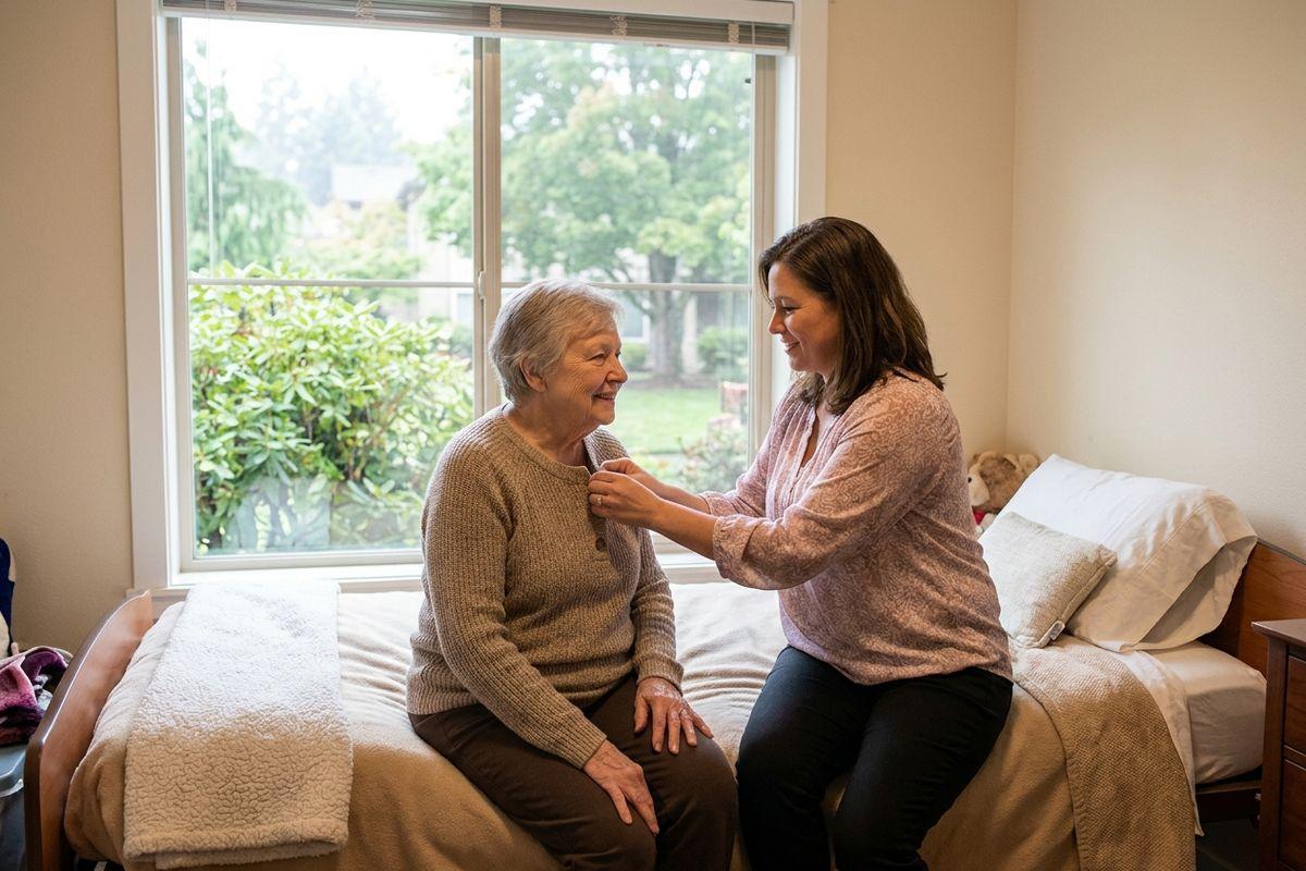 Caregiver helping an older adult button a sweater while sitting on a bed by a window, botsmiling.