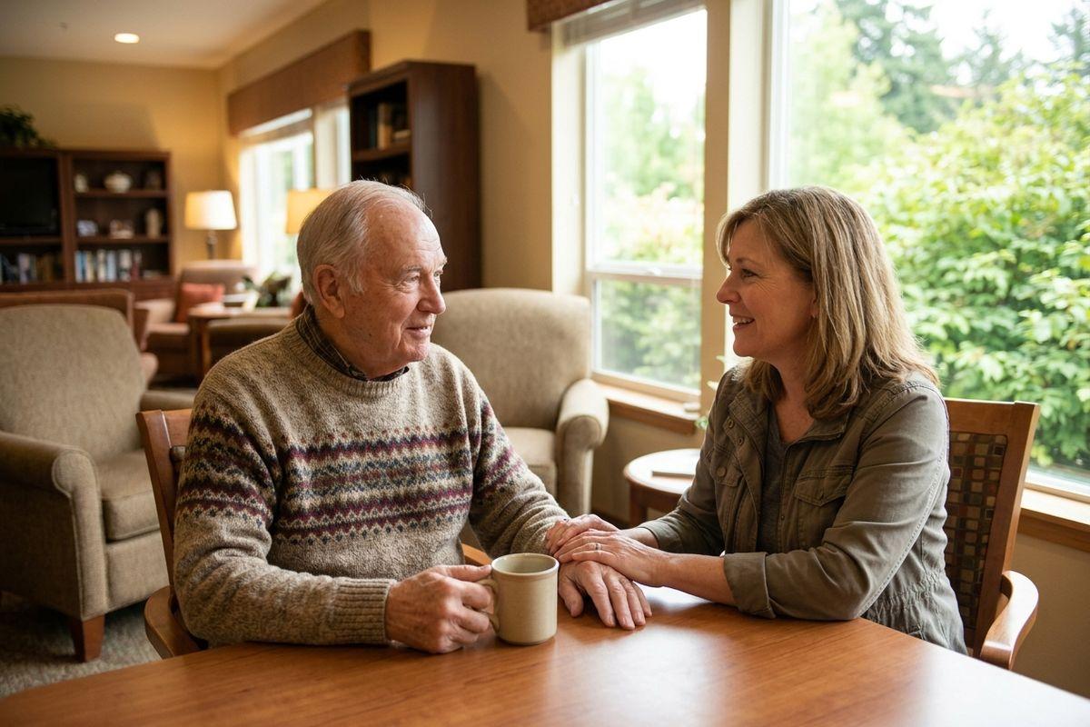 An older adult holding a mug, with a family member holding their hands at a table, smiling and talking in a sunlit living room.