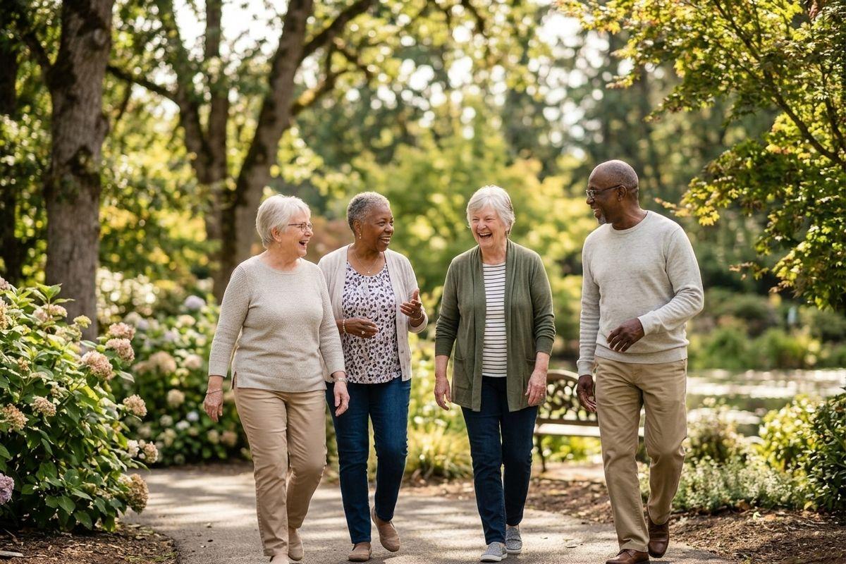 Four older adults walking and laughing together on a garden path lined with trees and flowering shrubs.
