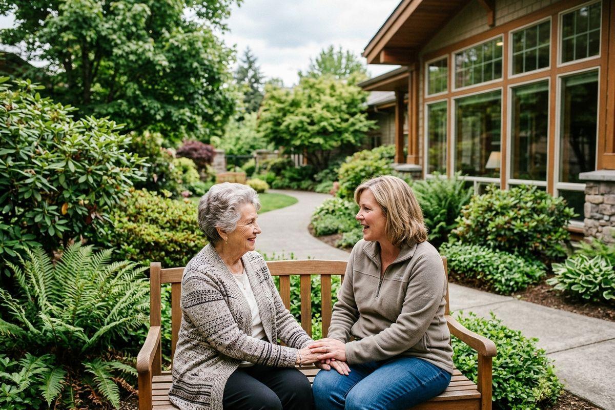 Two adults sitting on a wooden bench in a garden, holding hands and smiling at each other, beside a building.