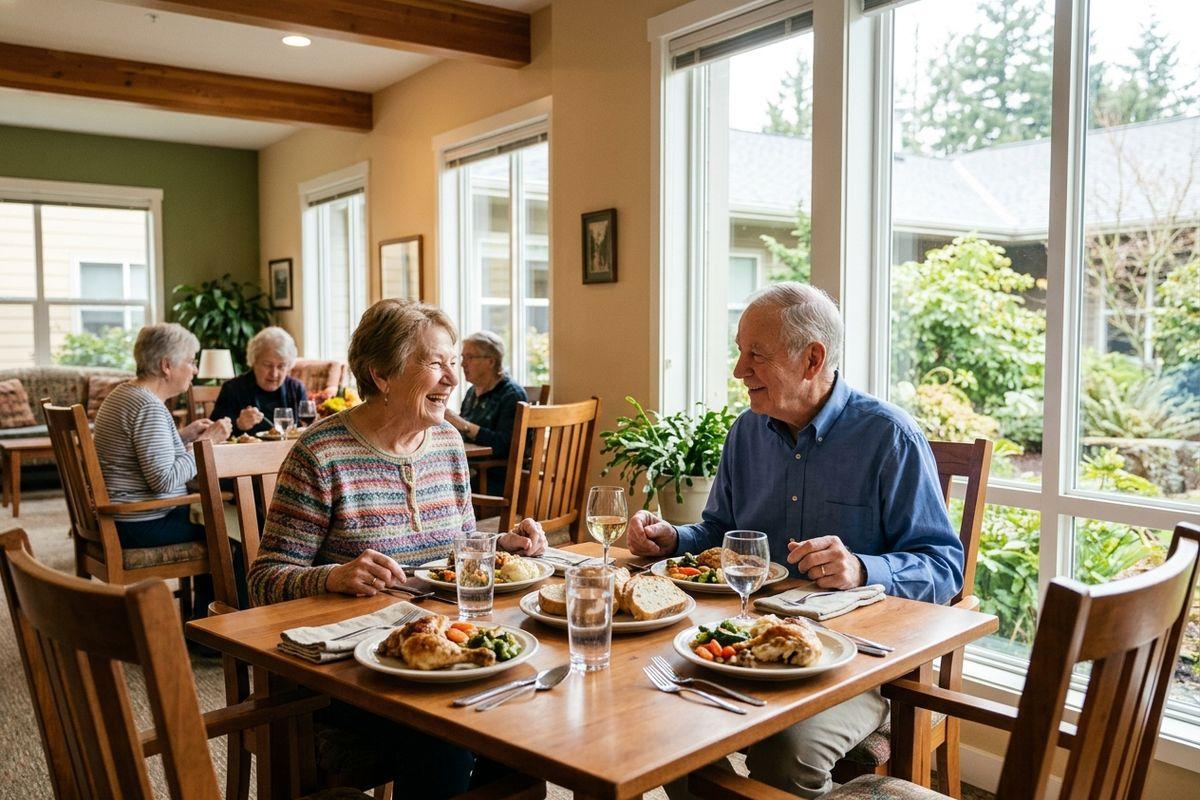 Two older adults smiling at a dining table with plated meals and wine, with others seated behind near large garden windows.