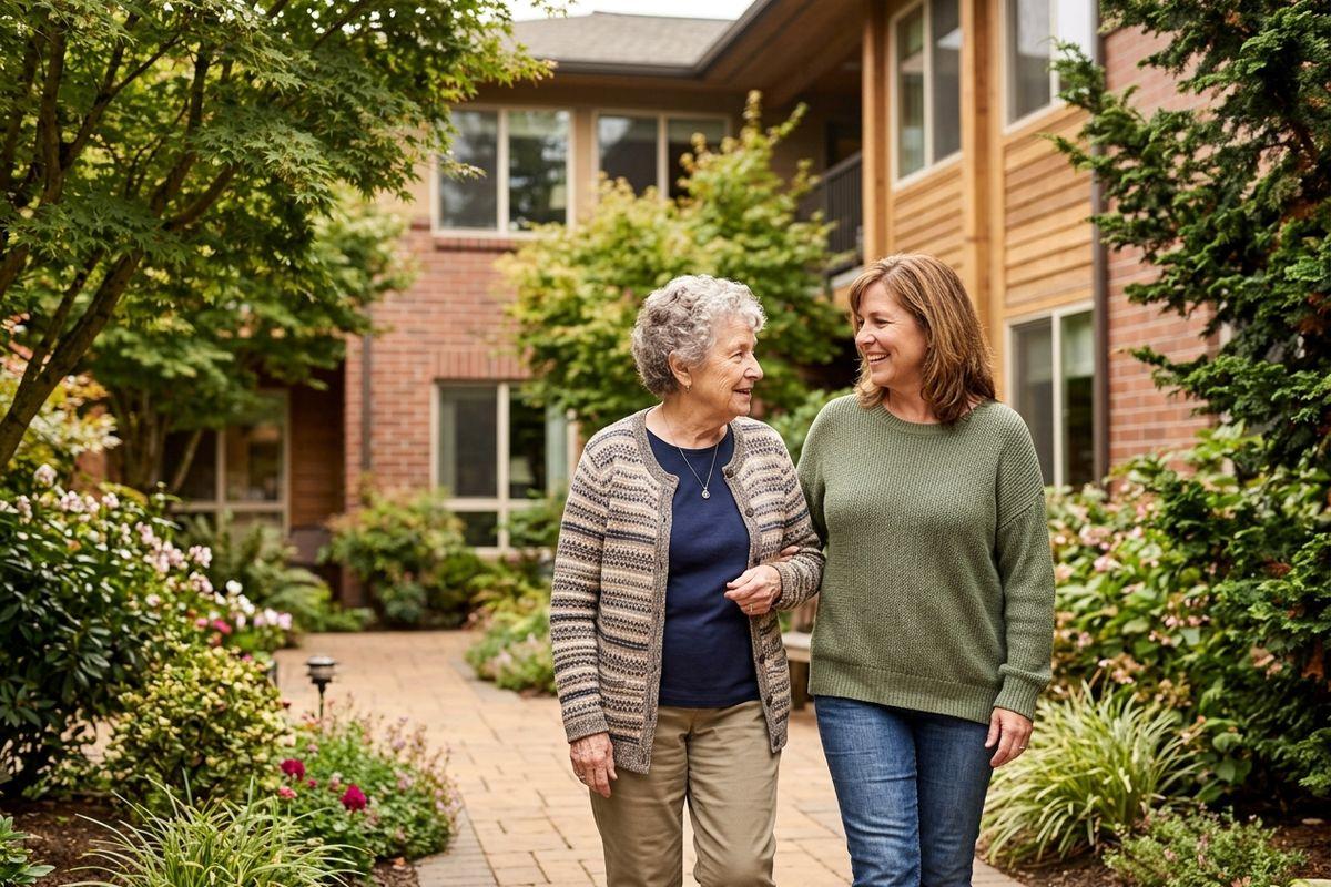 Two adults walking arm in arm and smiling at each other on a garden path outside a brick building.