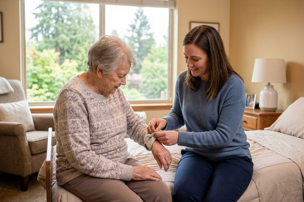 A caregiver helps adjust an elderly person's sleeve cuff as they sit together on a bed in a bedroom.