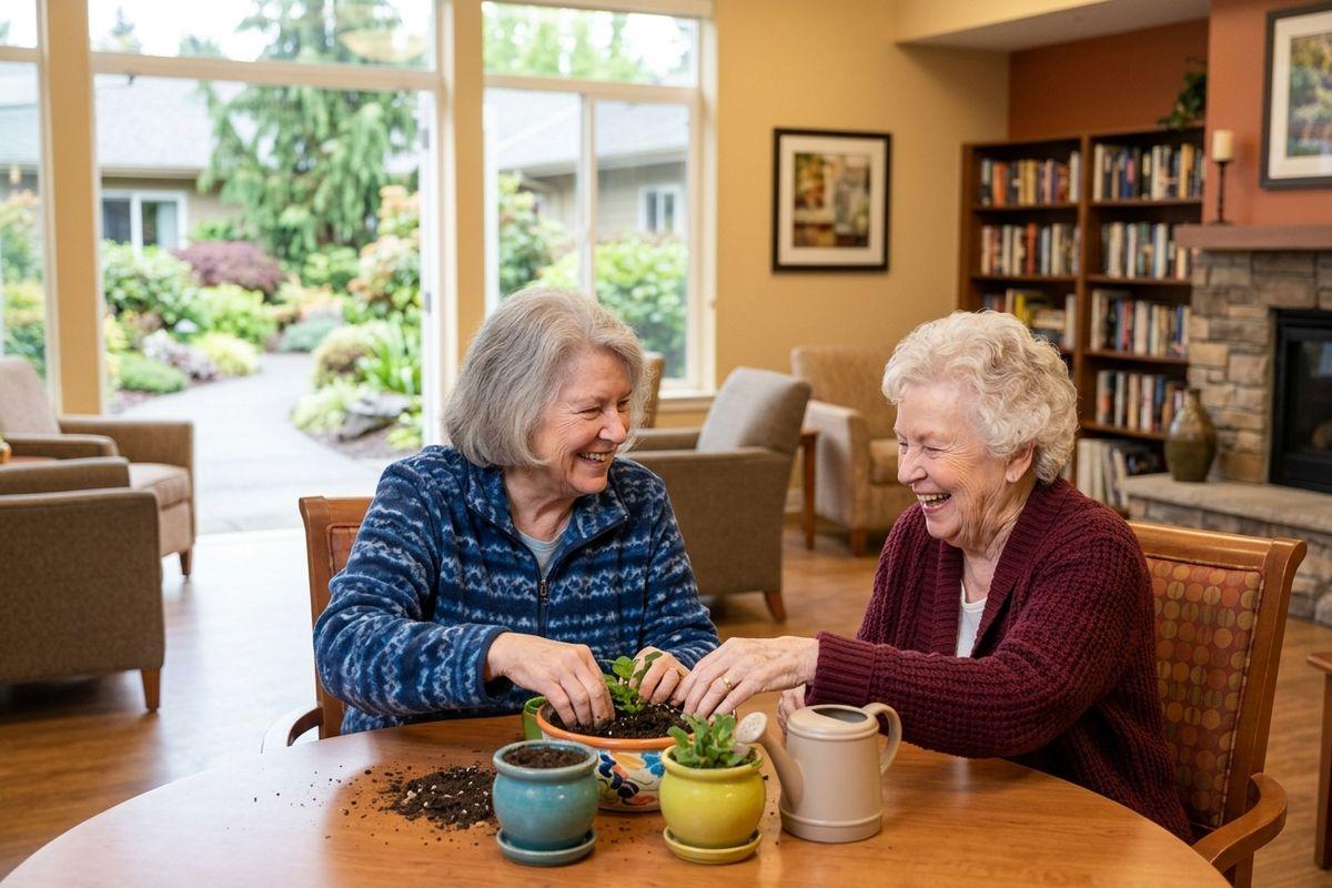Two older adults smiling while potting plants at a table with colorful pots and a watering can, in a bright room with bookshelves.
